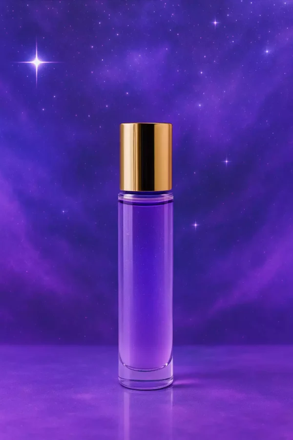 Flacon élancé de parfum générique inspiré d’Alien, 33 ml, liquide violet céleste avec bouchon doré effet miroir, sur fond étoilé et nuancé de violet – CleanGirl