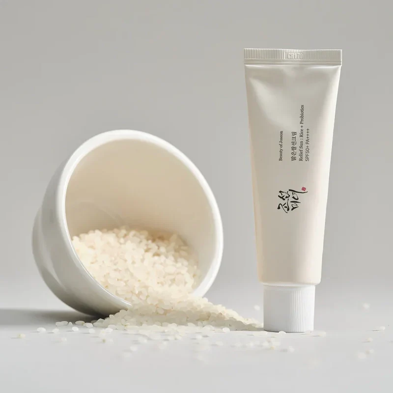 crème solaire Beauty of Joseon SPF50+ près d'ingrédients naturels comme le riz et des feuilles vertes, évoquant la douceur et les bienfaits des probiotiques pour le visage.