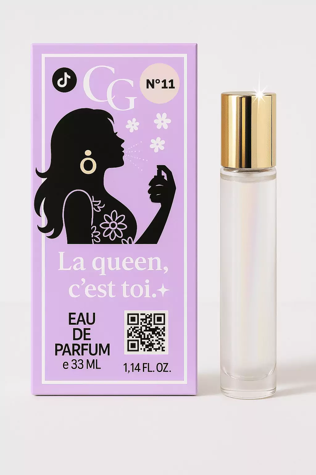 Flacon d'eau de parfum générique Clean Girl "Fame", aux lignes élégantes et modernes, reflétant l'audace et le glamour du parfum, sur un fond lumineux.