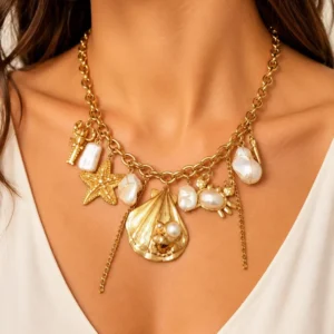 Collier marin doré à breloques et perles en acier inoxydable